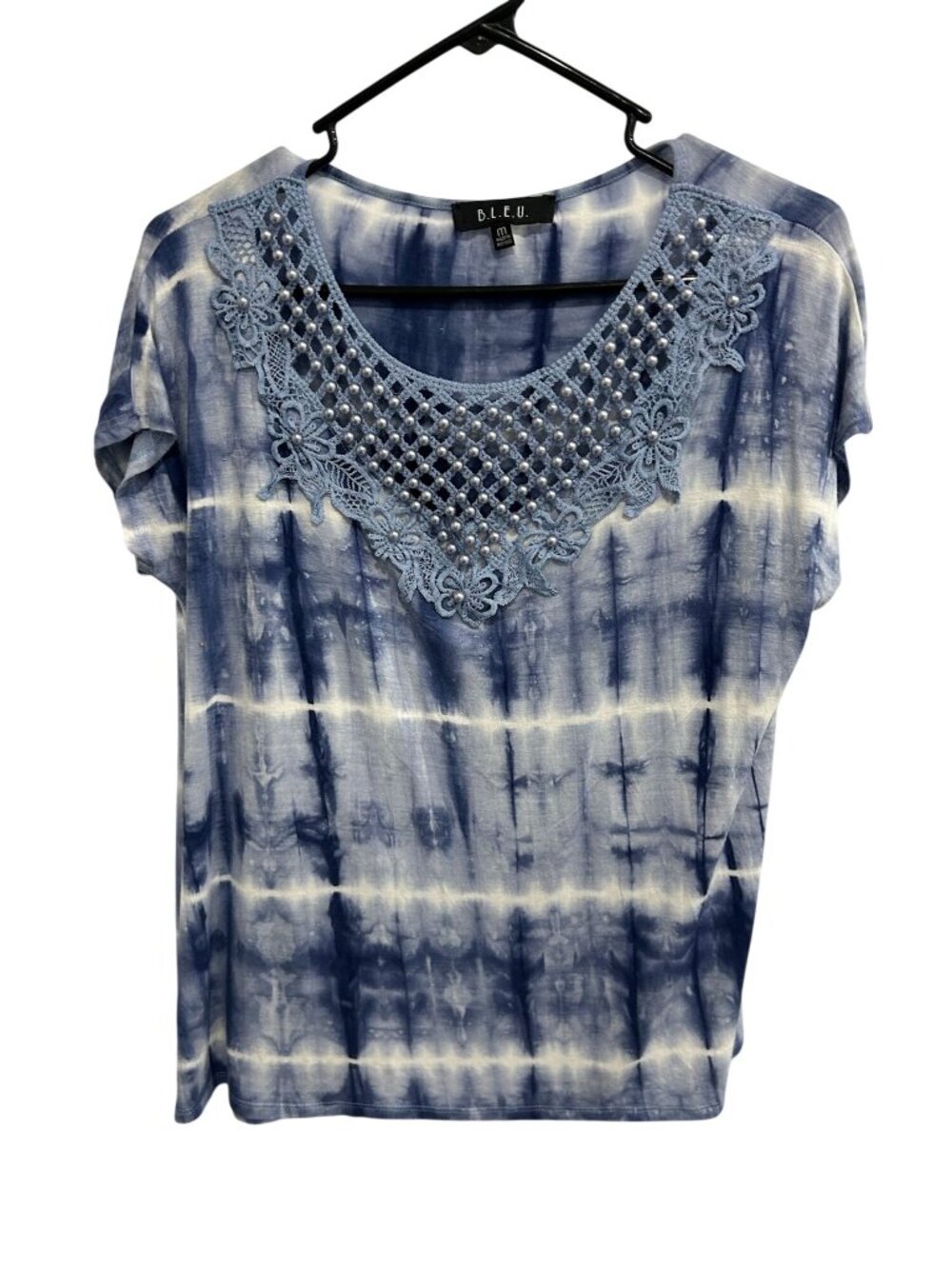 B.L.E.U. Medium Blue Tie-Dye Crochet Lace Neck Pearl Detail Top Boho Festival
